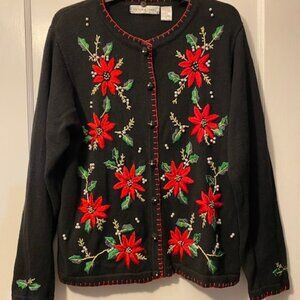 Victoria Jones Ugly Christmas Sweater Black with Red Poinsettias Cardigan Lge